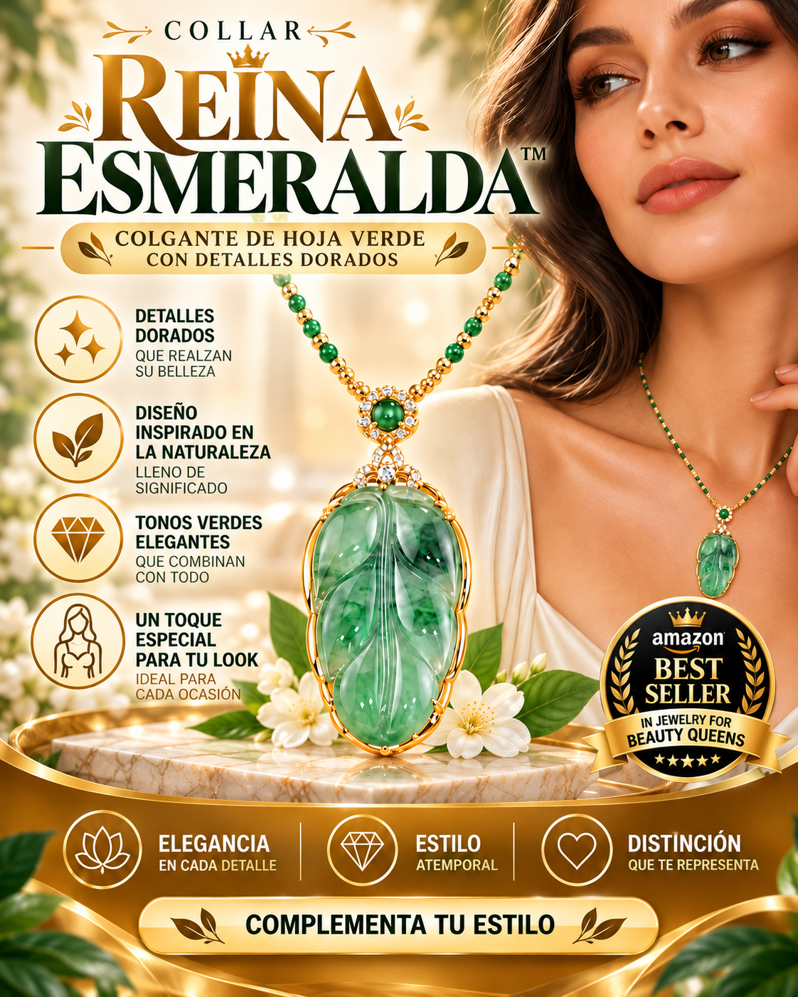 Collar Reina Esmeralda™ – Colgante de Hoja Verde con Detalles Dorados